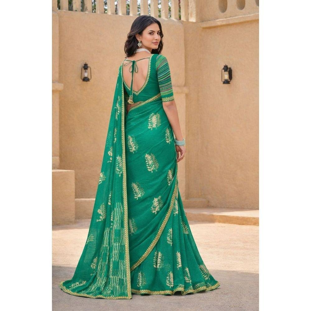 Green Gold Foil Leaf Saree - Image 3