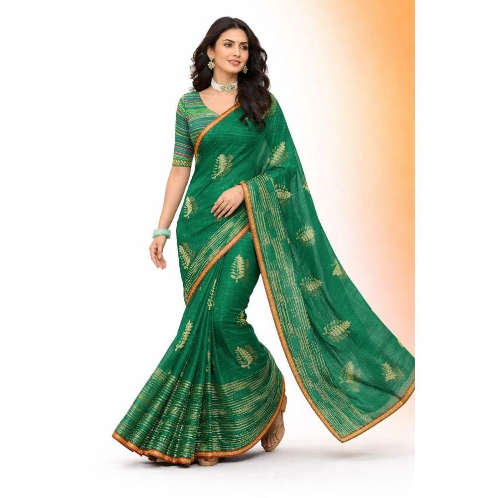 Green Gold Foil Leaf Saree - Image 4