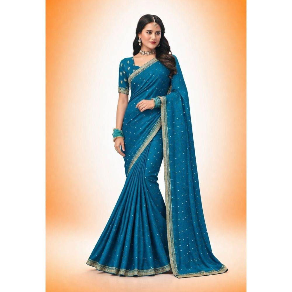 Royal Teal Blue Butti Saree - Image 2