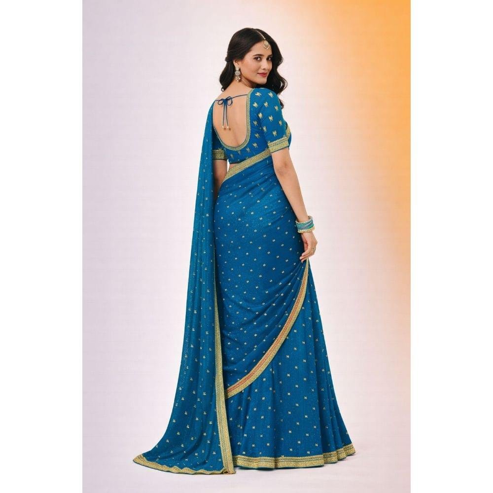 Royal Teal Blue Butti Saree - Image 3