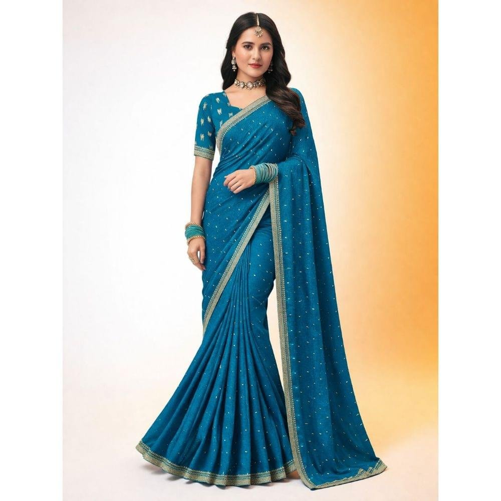 Royal Teal Blue Butti Saree - Image 4
