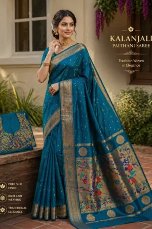 Teal Peacock Blue Paithani Silk Saree with Rich Zari Border