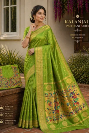 Parrot Green Paithani Saree with Elegant Zari Border