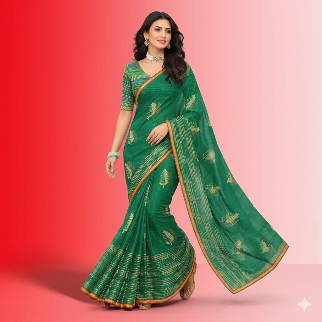 Green Gold Foil Leaf Saree