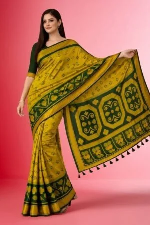 Vibrant Mustard Yellow & Green Silk Blend Saree
