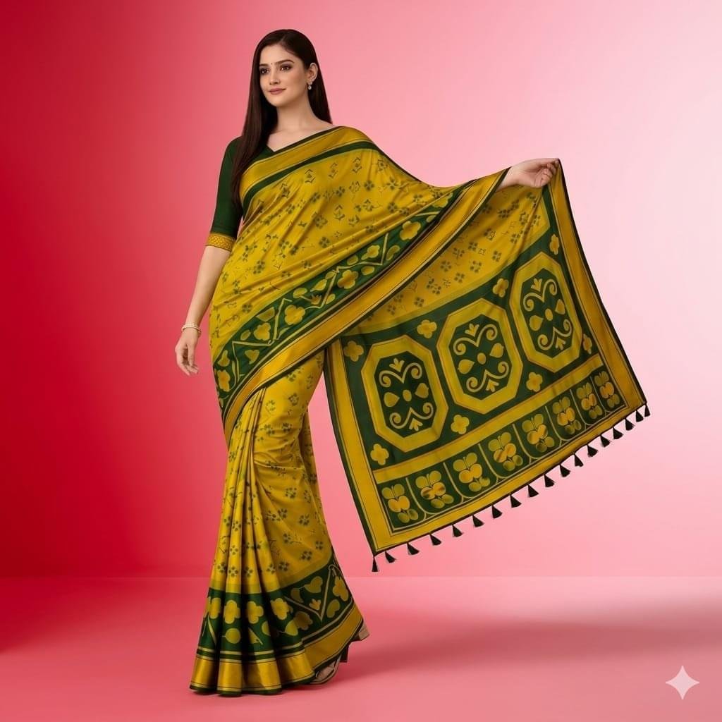 Vibrant Mustard Yellow & Green Silk Blend Saree