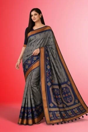 Elegant Grey & Navy Blue Silk Blend Saree